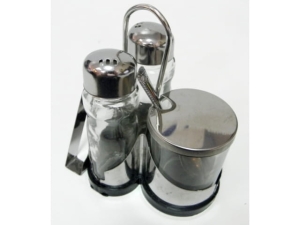 A set of containers: salt, pepper, sugar