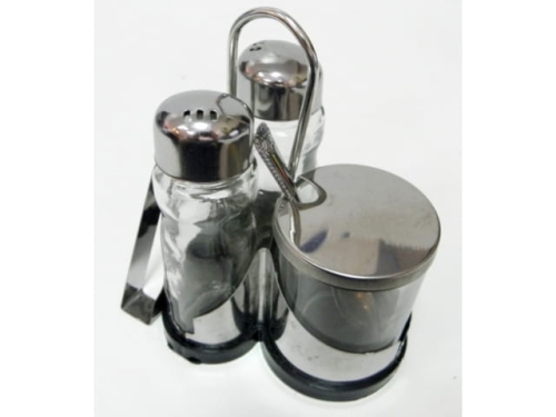 A set of containers: salt, pepper, sugar