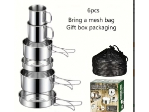 Travel Cook & Serve Set - 6Pcs/Set; 12cm pot+14cm pot+15cm pan+13cm plate+7cm cup+8cm cup; 304SS (ETB948)