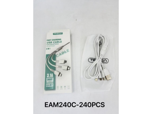 Treqa Charger Cable - 3in1; Fast Chargin USB Cable; 1.2M; 3.1A; Single colour; Box packing (EAM240)
