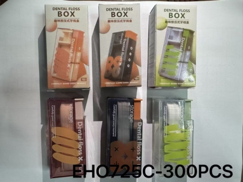 Dental floss storage box - ABS material; 8.5*3.6*2.5cms; Mix colors; Color box packing ,with 10pcs floss each box packing; 29.7G/Box (EHO725)
