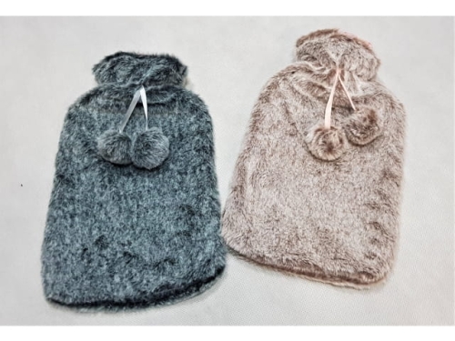 Hot Water Bag with Satin Plush Cover and ribbon ties with Pompoms   (EHO729J)